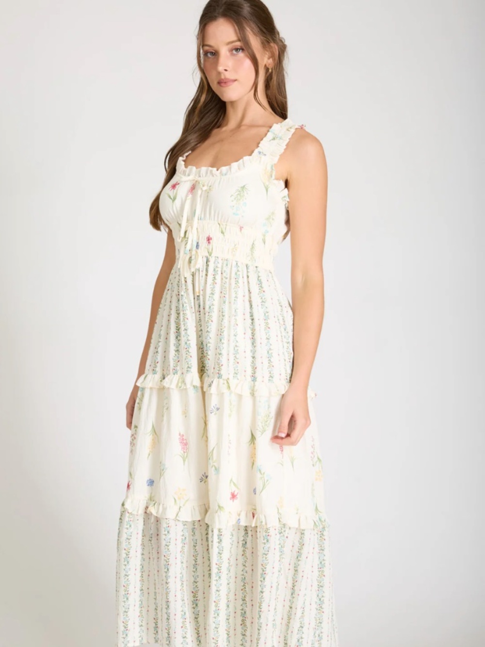 Floral Colorblock Ruffle Tiered Midi Dress Ivory Multi Large NWT - Picture 7 of 8